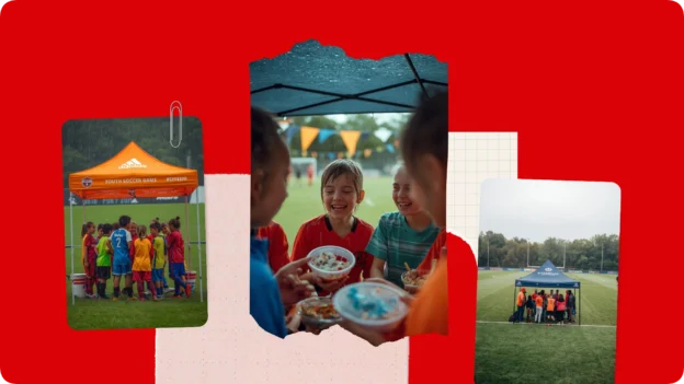 Kids sheltering under a pop-up canopy tent from rain at a soccer field