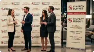 Corporate event guests networking in front of a custom step and repeat fabric backdrop at an upscale brand activation