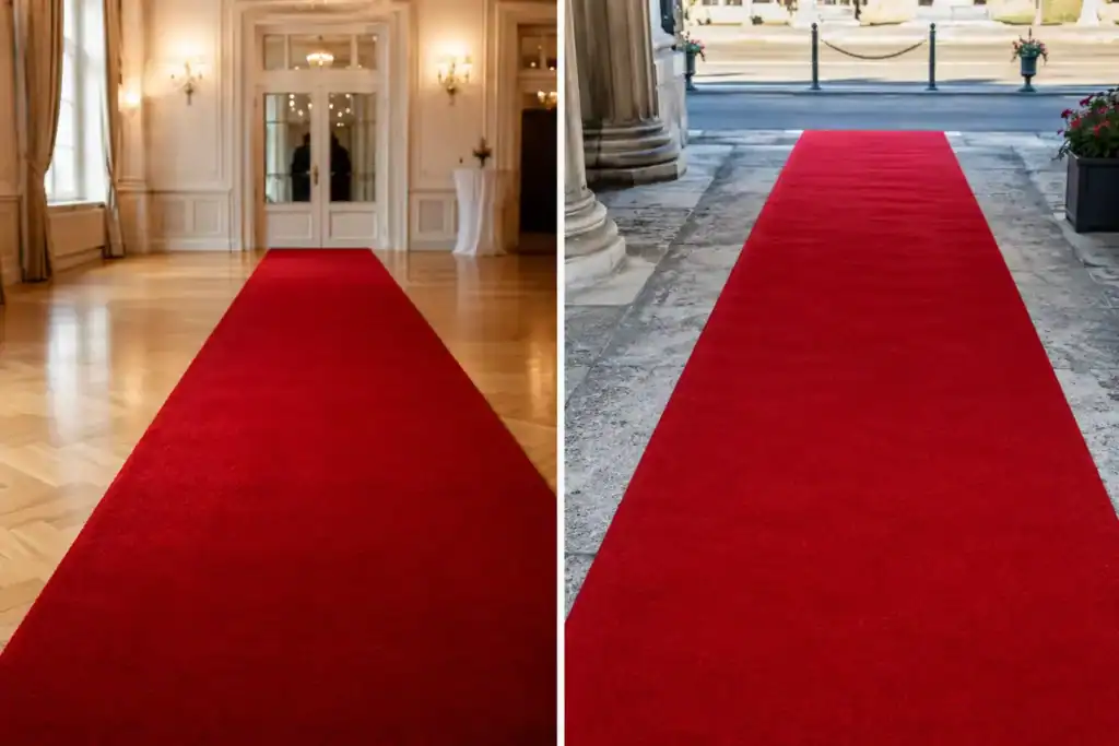 Side-by-side comparison of a red event carpet runner indoors on hardwood flooring versus outdoors on a stone walkway