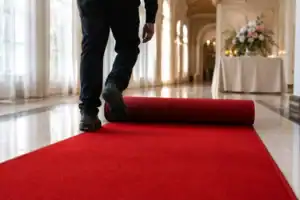 Worker unrolling a red event carpet runner down an elegant venue hallway