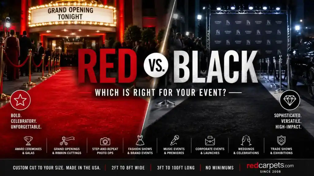Side-by-side comparison of red carpet at a grand opening and black carpet at a fashion event, with text reading Red vs. Black — Which Is Right for Your Event? Custom cut carpet runners by redcarpets.com, made in the USA.