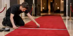 Measuring a red carpet event runner with a tape measure before ordering